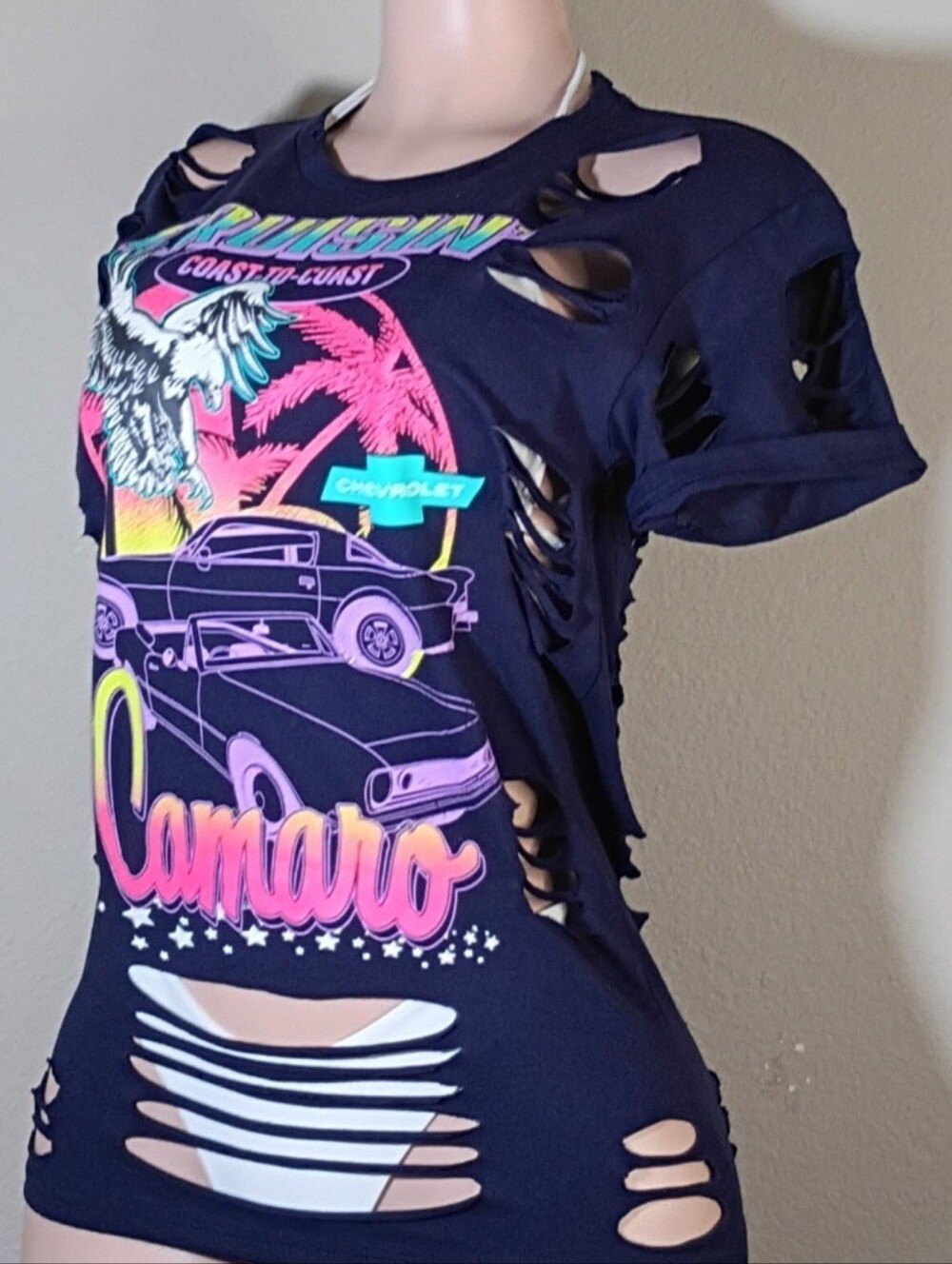 Navy Camaro Custom Graphic Distressed Women’s Tee - Picture 5 of 7